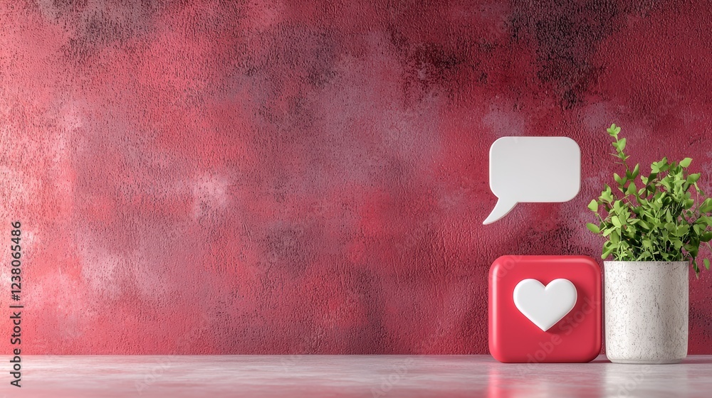 Poster 3d red button icon with heart shape and speech bubble on stylish background