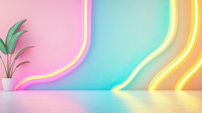 Online learning tools, Colorful Neon Lights Against Pastel Walls with Decorative Plant in Modern Interior Design