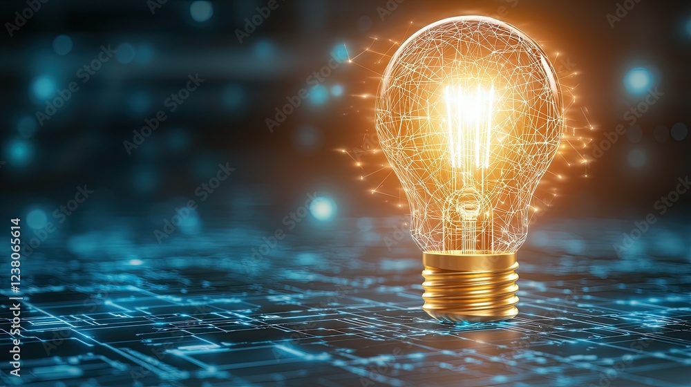 Poster online learning tools, spark of innovation in a modern world with a glowing light bulb and digital c