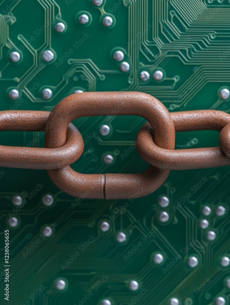 Leinwandbilder Tech-Forward Security Visual Metal Chain Linked Over Circuit Board - Strengthening Cyber Defense for IT Solutions and Robust Digital Access Control
