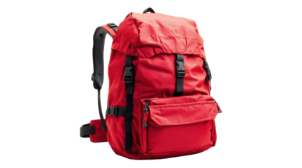 Red backpack isolated on transparent background ready for adventure