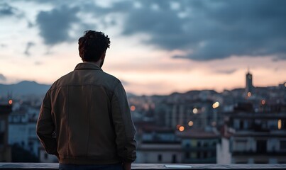Fototapeta premium a man on a rooftop looking over the city, Generative AI