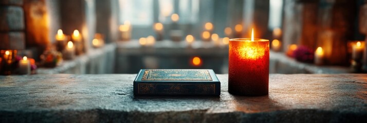 Detailed tarot card illuminated by natural light on stone altar surrounded by candles at dusk