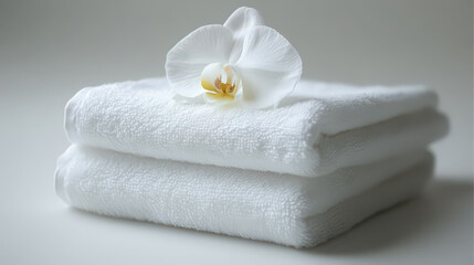 A stack of clean white towels with a single orchid flower on top