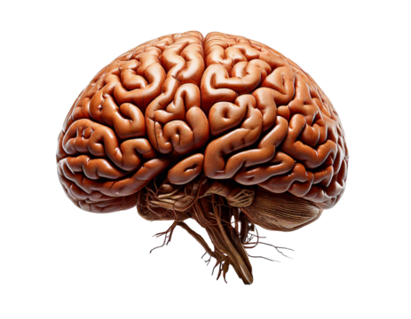 Human brain realistic 3D model isolated on transparent background, high-resolution texture, detailed anatomy, neuron structure, cerebral cortex, neural networks, brain hemispheres, lifelike, education
