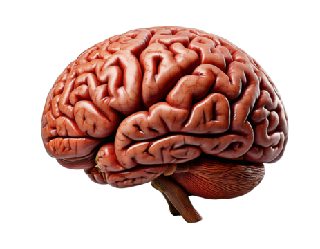 Human brain realistic 3D model isolated on transparent background, high-resolution texture, detailed anatomy, neuron structure, cerebral cortex, neural networks, brain hemispheres, lifelike, education