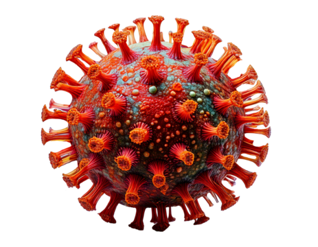 Coronavirus isolated on PNG transparent background, showcasing virus structure, spiked protein, spherical shape, microscopic details, viral particles, pandemic-related, health crisis, virus transmissi
