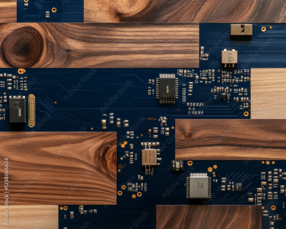 Poster wood-infused tech display blue circuit board with microchips and conductors on grainy surface - digi
