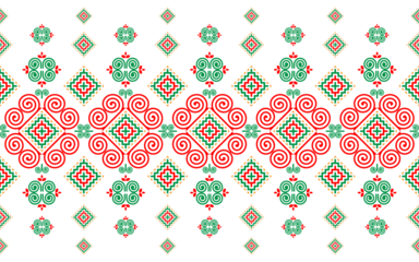 Seamless pattern, Hmong ethnic pattern, green, red and orange pattern on white background.