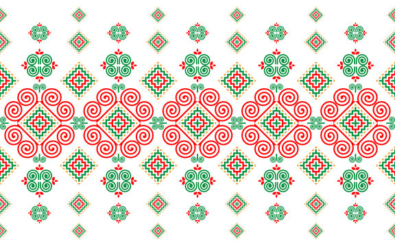 Seamless pattern, Hmong ethnic pattern, green, red and orange pattern on white background.