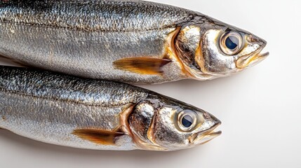 Fototapeta premium Three fresh sprats lying side by side with small gaps in between on a clean white background, highlighting their silver bodies and delicate texture, ideal for culinary use and seafood dishes.