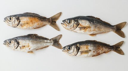 Three fresh sprats lying side by side with small gaps in between on a clean white background, highlighting their silver bodies and delicate texture, ideal for culinary use and seafood dishes.
