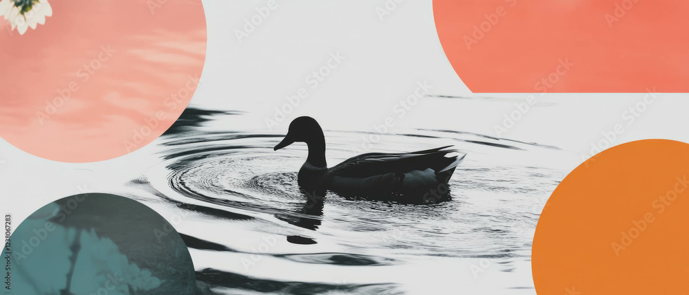 Aufkleber minimalist collage featuring a duck paddling on a pond with geometric shapes and floral elements
