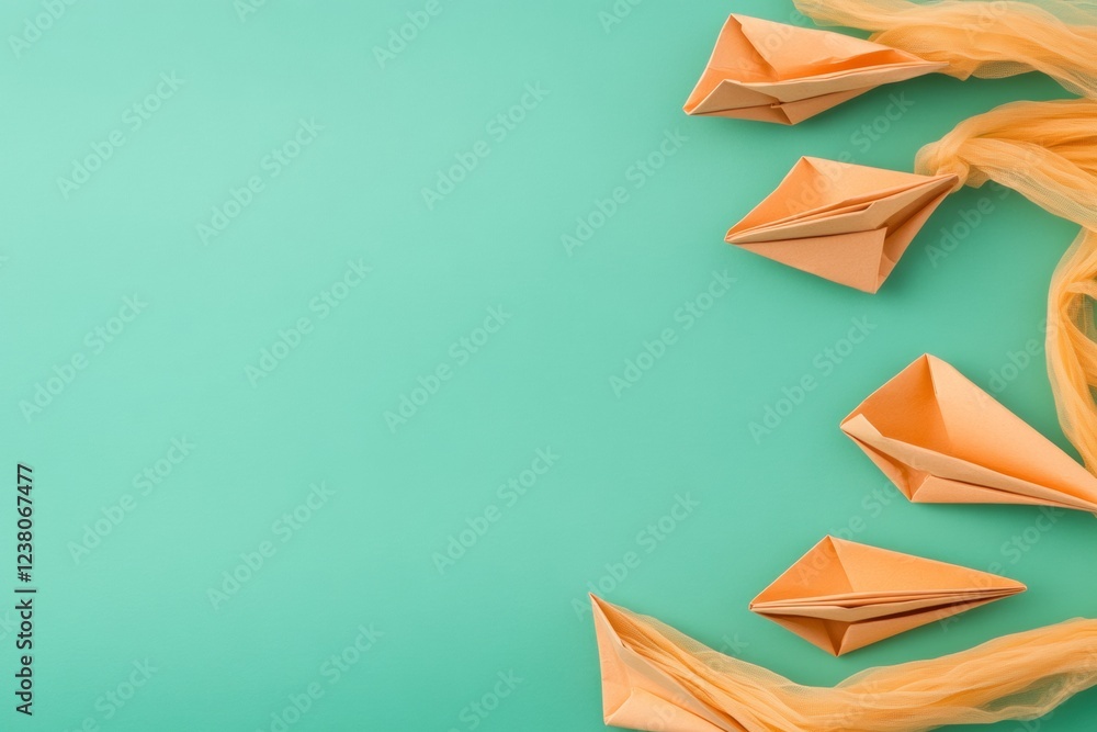 Poster contemporary origami planning minimalist paper boats on mint canvas with fabric waves - strategic bu