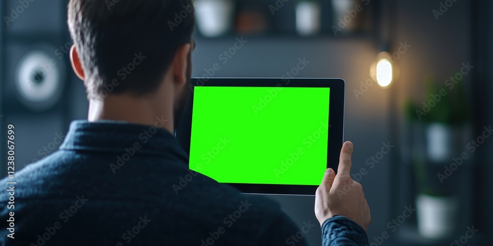 Aufkleber man using green screen tablet indoor setting digital content creation over shoulder view concept