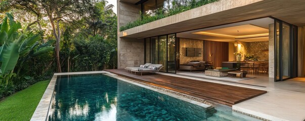 Elegant exterior of a minimalist cubic villa with large stone pool area wooden terrace and lush greenery HD