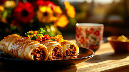 Turkish Borek pastry rolls, filled with spiced ground beef and served with yogurt in a warm Anatolian home, Middle Eastern baked goods, hearty delight