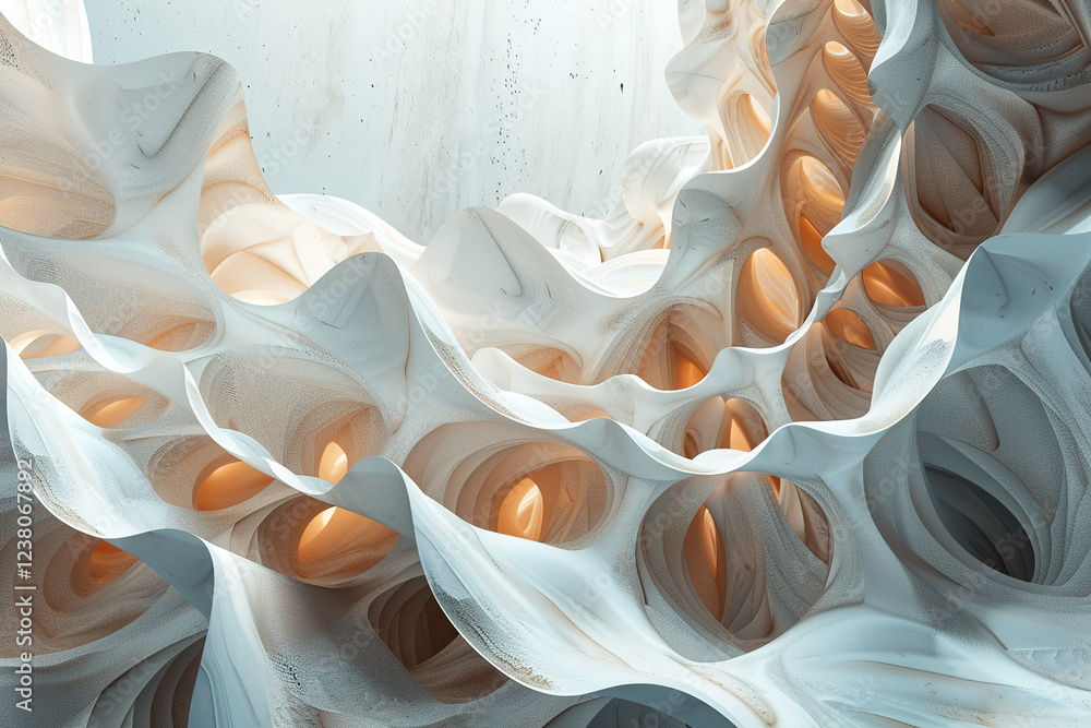 Poster intricate abstract patterns create depth and light in a surreal structure with soft textures and glo