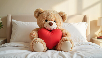 Cute teddy bear holding heart on bed, symbol of love and comfort
