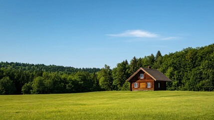 Obraz premium Secluded Wooden Cabin in Lush Green Meadow Sunny Day Forest Background