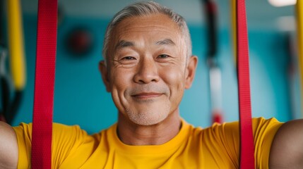 Obraz premium Joyful Gym Culture Middle-Aged Asian Man Amidst Vibrant Resistance Bands at Fitness Center Inspiring Sport Imagery for Positive Lifestyle Branding and Wellness Marketing