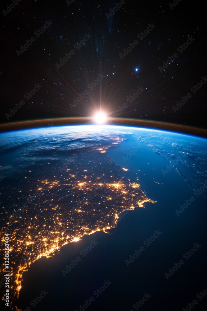 Aufkleber celestial urban nightscape earth from space with illuminated city grids and starlit horizon - futuri