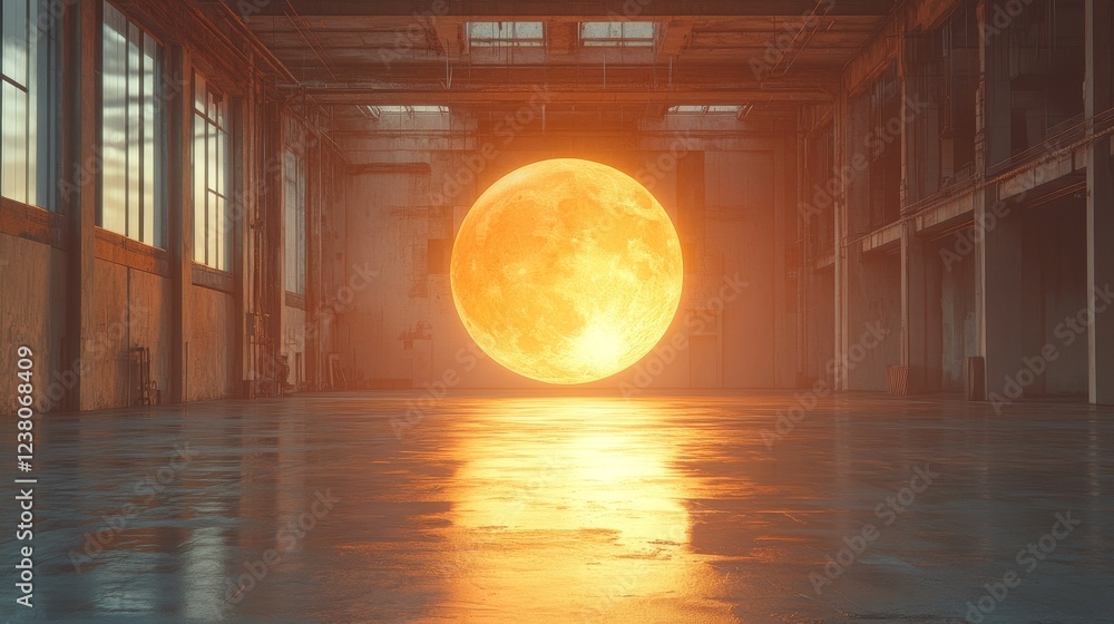Poster a 3d object of a sun hanging in the center of an empty modern factory, symbolizing innovation, indus