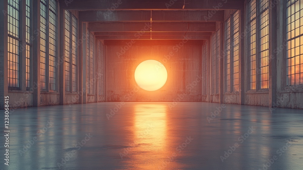 Poster a 3d object of a sun hanging in the center of an empty modern factory, symbolizing innovation, indus