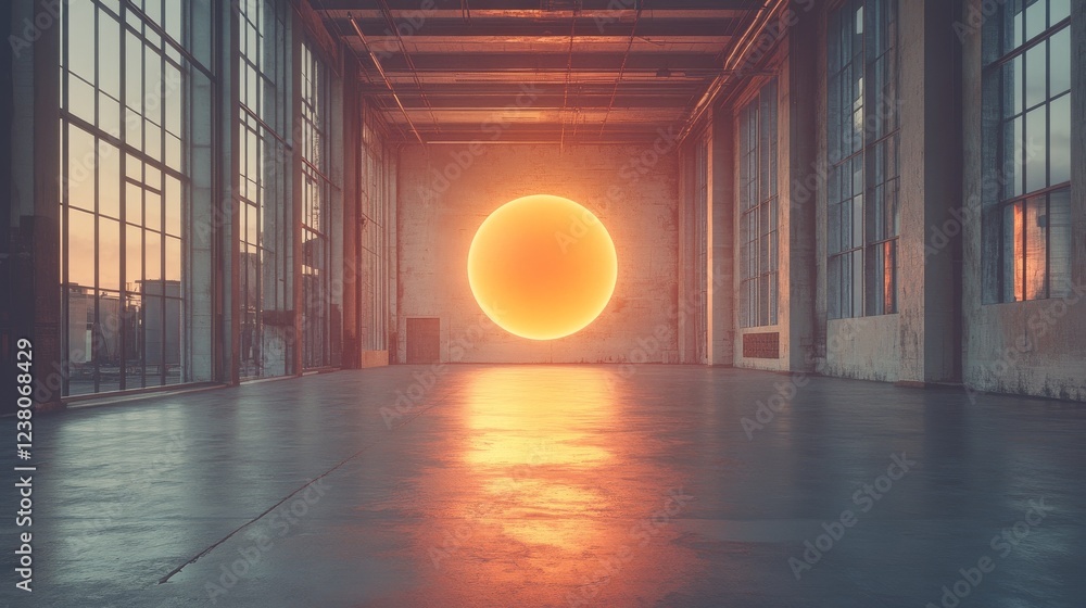 Poster a 3d object of a sun hanging in the center of an empty modern factory, symbolizing innovation, indus