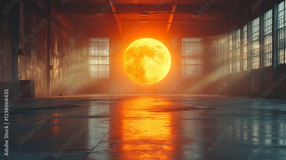 Poster a 3d object of a sun hanging in the center of an empty modern factory, symbolizing innovation, indus