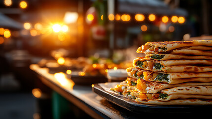 Fototapeta premium Turkish Gozleme flatbread, stuffed with spinach, feta, and spiced potatoes, served with fresh yogurt in a sunny outdoor market, Middle Eastern snacks, cultural charm