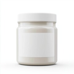 Plastic protein powder jar mockup with a blank matte label, placed on a bright white background