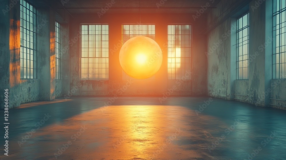 Poster a 3d object of a sun hanging in the center of an empty modern factory, symbolizing innovation, indus