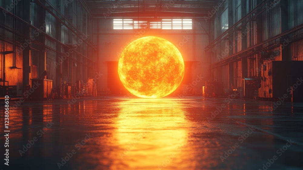 Poster a 3d object of a sun hanging in the center of an empty modern factory, symbolizing innovation, indus