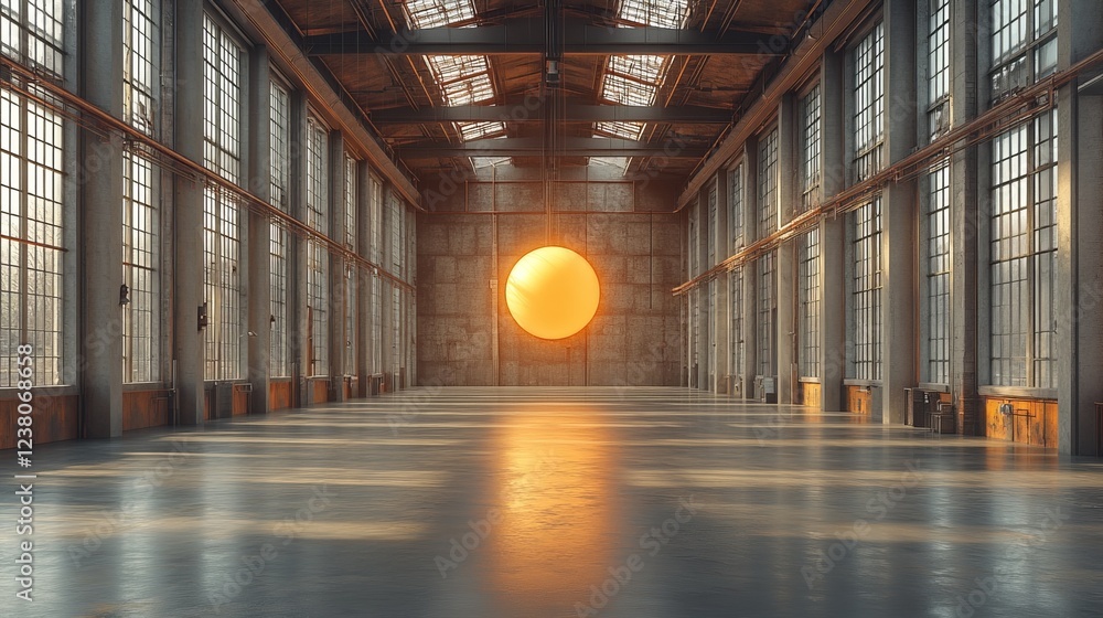 Poster a 3d object of a sun hanging in the center of an empty modern factory, symbolizing innovation, indus