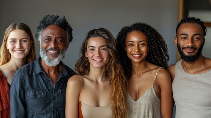 Fototapeta premium Five people of diverse standing side by side, smiling brightly in warm, welcoming space showcasing friendship and unity. International Day of Human Fraternity. Zero Discrimination Day. IDERD.