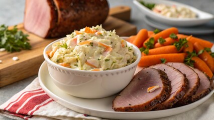 Creamy coleslaw served with tender ham slices and fresh carrots on a rustic dining table
