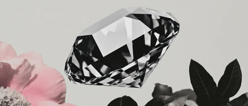 Minimalist collage combining geometric shapes and floral elements with a diamond focal point - Powered by Adobe
