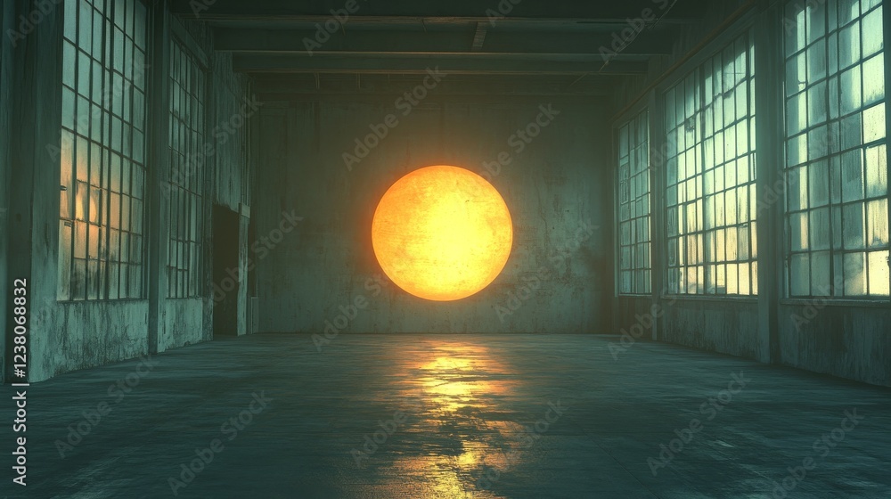 Poster a 3d object of a sun hanging in the center of an empty modern factory, symbolizing innovation, indus