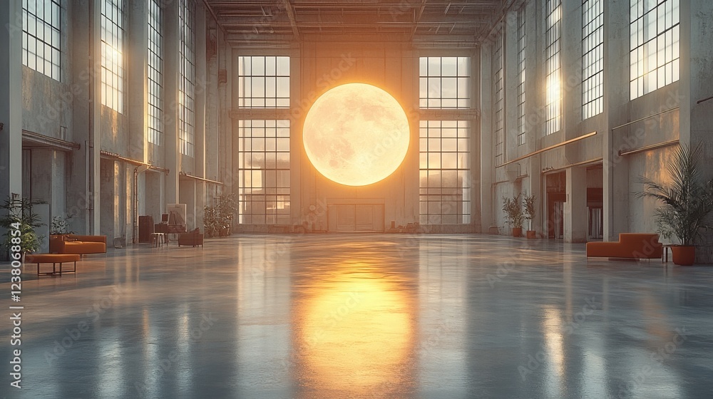 Poster a 3d object of a sun hanging in the center of an empty modern factory, symbolizing innovation, indus