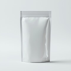 Plastic stand-up pouch mockup with a matte finish and blank branding space, placed on a bright white background