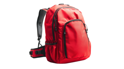Red backpack isolated on transparent background: ready for adventure
