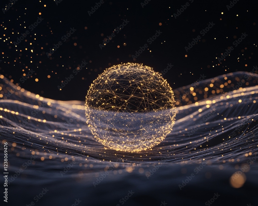 Poster Futuristic Digital Connectivity Ethereal Network Sphere in Dynamic Light Fragments on Dark Canvas - Transformative Tech Aesthetic for Modern Cloud Solutions