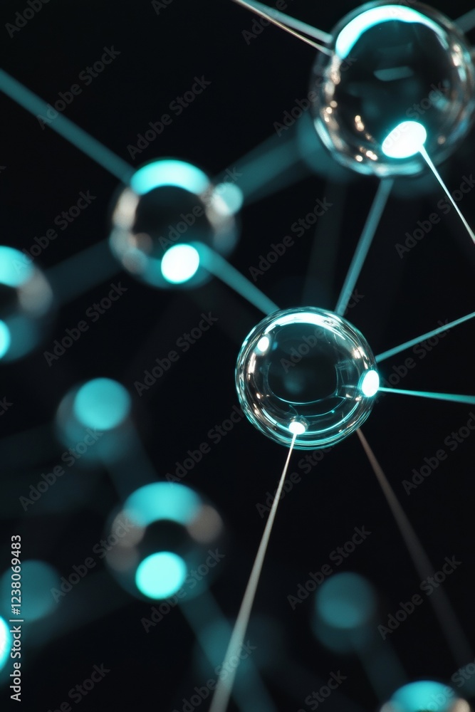 Poster Cutting-Edge Digital Network Glass Orbs with Luminous Nodes and Neon Hues - High-Tech Visualization for Data Analysis and Communication Strategy in Business Tech