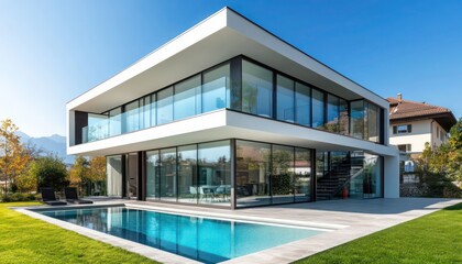 Fototapeta premium Elegant modern villa with large glass walls a sleek pool and spacious balcony area under bright daylight