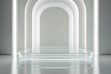 Minimalist Exhibition Space Featuring a Circular Glass Platform on a Bright White Floor, Enhanced by Streamlined Natural Light and Subtle Shadows, Creating a Clean Aesthetic

