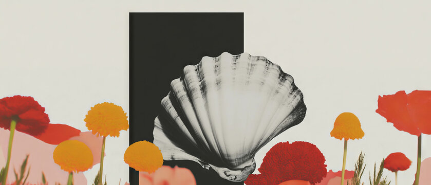 Geometric floral collage featuring a raw scallop in shell on a minimalist background