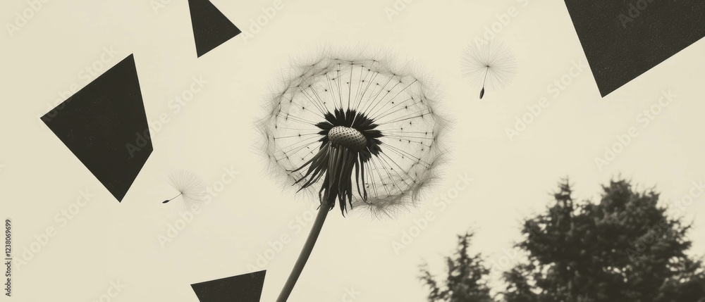 Aufkleber minimalist collage with dandelion seed head and geometric shapes in a serene composition