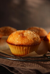 Dessert small cupcake on parchment on dark background