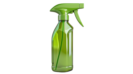 Green spray bottle for cleaning products, with transparent background